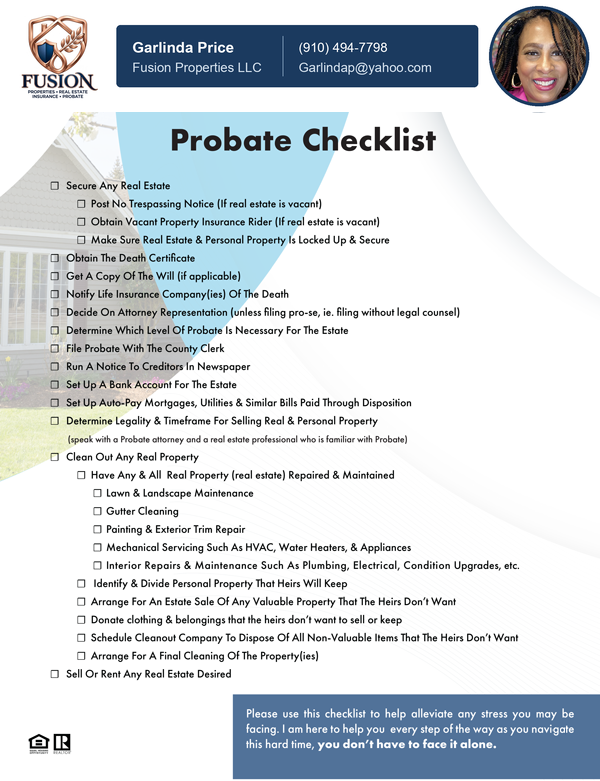 Preview of Garlinda Price's printable probate checklist, showing every step from securing the property to the final sale